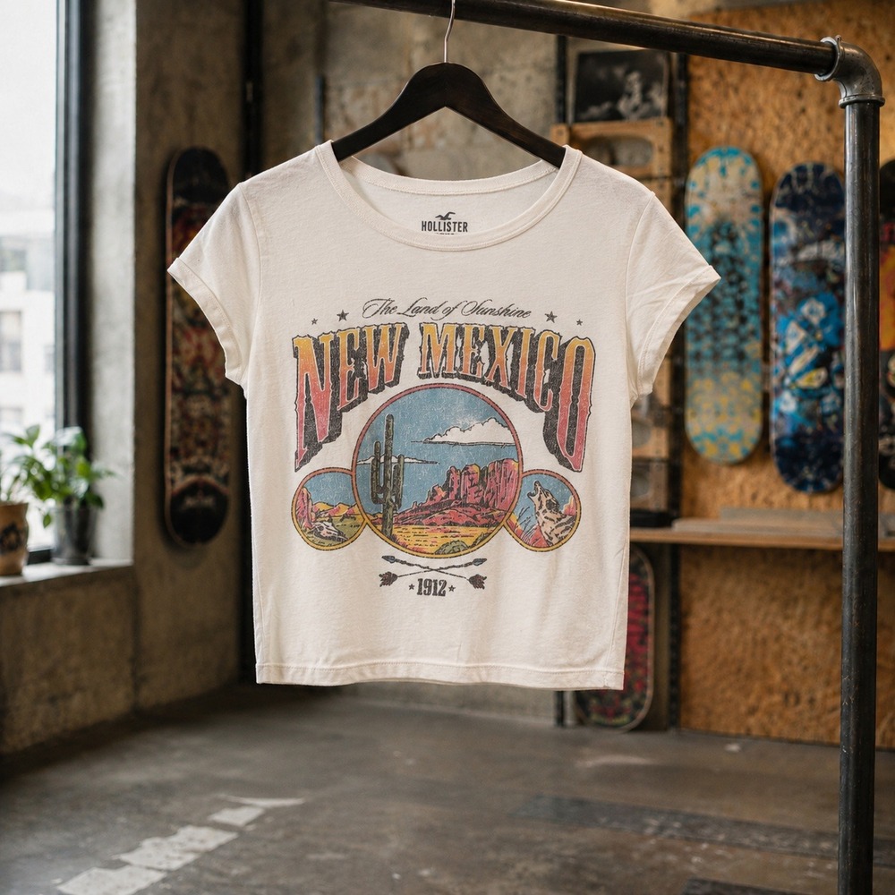 Hollister New Mexico Graphic Baby Tee‎ White Small Retro Western Desert Vibe